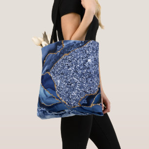 Elegant Navy Blue and Gold Glitter Ocean Agate Tote Bag