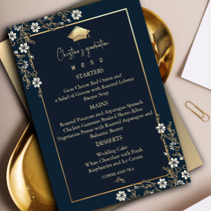 Elegant Navy Blue and Gold Graduation Menu Invitation