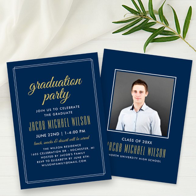 Elegant Navy Blue and Gold Graduation Party Invitation (Creator Uploaded)