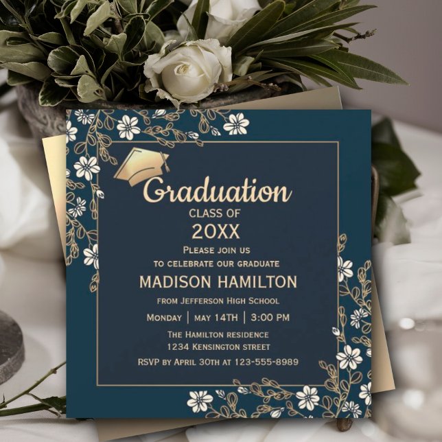 Elegant Navy Blue and Gold Graduation Party Invitation (Elegant Navy Blue and Gold Graduation Party Invitation, Gold Frame Luxury Graduation,  #navygold)