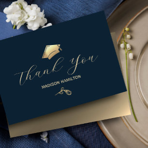 Elegant Navy Blue and Gold Graduation Party Thank You Card