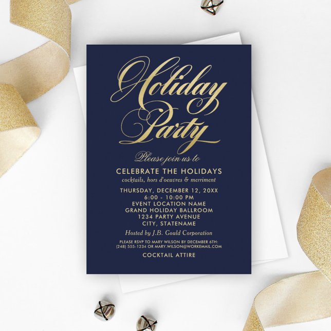 Elegant Navy Blue and Gold Holiday Party Script Invitation (Creator Uploaded)