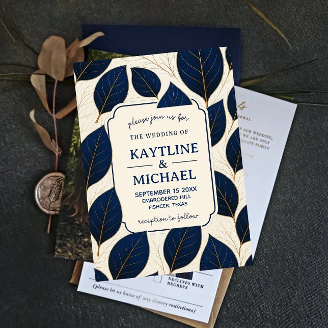 Elegant Navy Blue and Gold Leaf Botanical Invitation (Creator Uploaded)