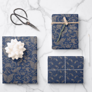 Elegant Navy Blue and Gold Pattern  Wrapping Paper Sheet