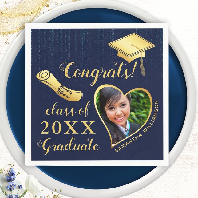 Elegant Navy Blue and Gold Photo 2025 Graduation Napkin (Creator Uploaded)