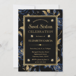 Elegant Navy Blue and Gold Rose Floral Sweet 16 Invitation