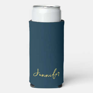 Elegant Navy Blue And Gold Script Personalised Seltzer Can Cooler