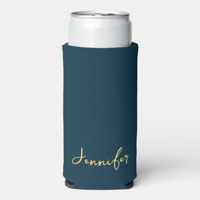 Elegant Navy Blue And Gold Script Personalised Seltzer Can Cooler (Seltzer Front)