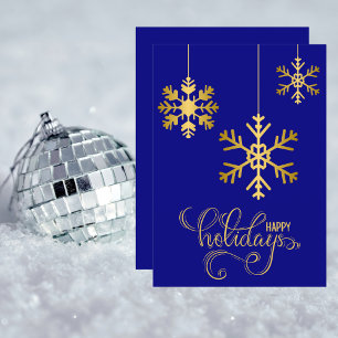 Elegant Navy Blue and Gold Snowflakes Holiday Card