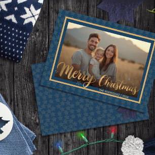 Elegant Navy Blue and Gold Stars Christmas Photo Holiday Card