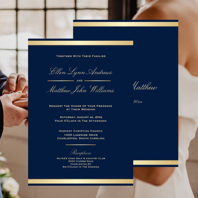 Elegant Navy Blue and Gold Trim Wedding Invitation (Elegant Navy Blue and Gold Trim Wedding Invitation)