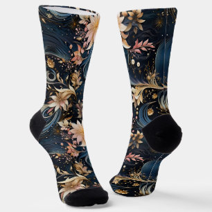 Elegant Navy Blue And Gold Vintage Floral Socks