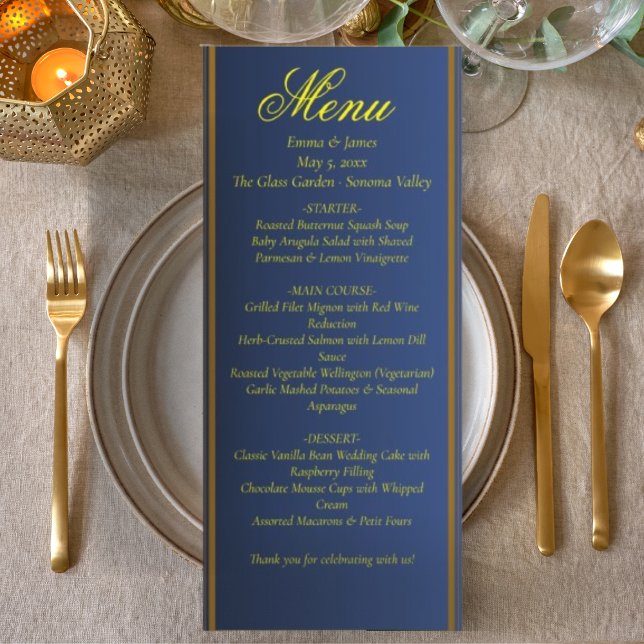 Elegant Navy Blue and Gold Wedding Menu Card (Creator Uploaded)