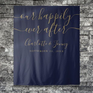 Elegant Navy Blue And Gold Wedding Photo Backdrop Tapestry