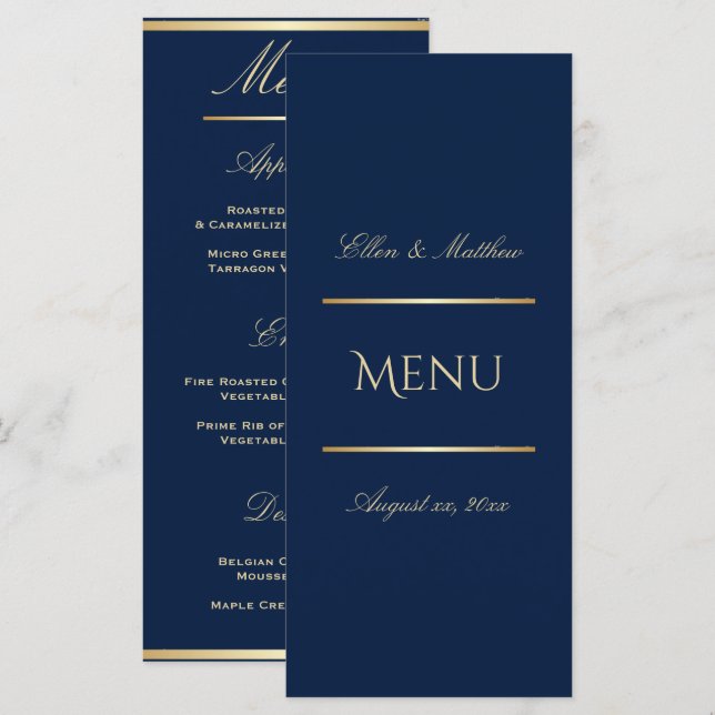 Elegant Navy Blue and Gold Wedding Reception Menu (Front/Back)