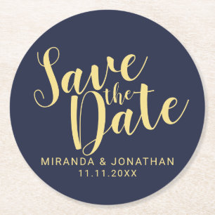 Elegant Navy Blue and Gold Wedding Save the Date Round Paper Coaster