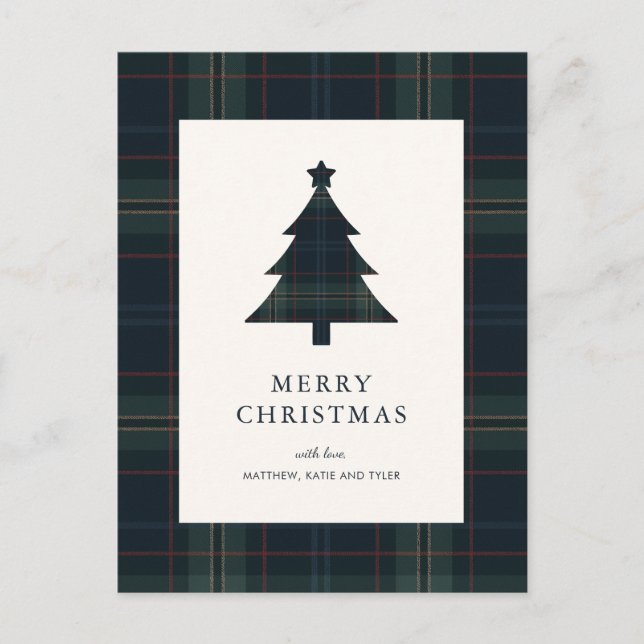 Elegant Navy Blue and Green Plaid Christmas Holiday Postcard (Front)