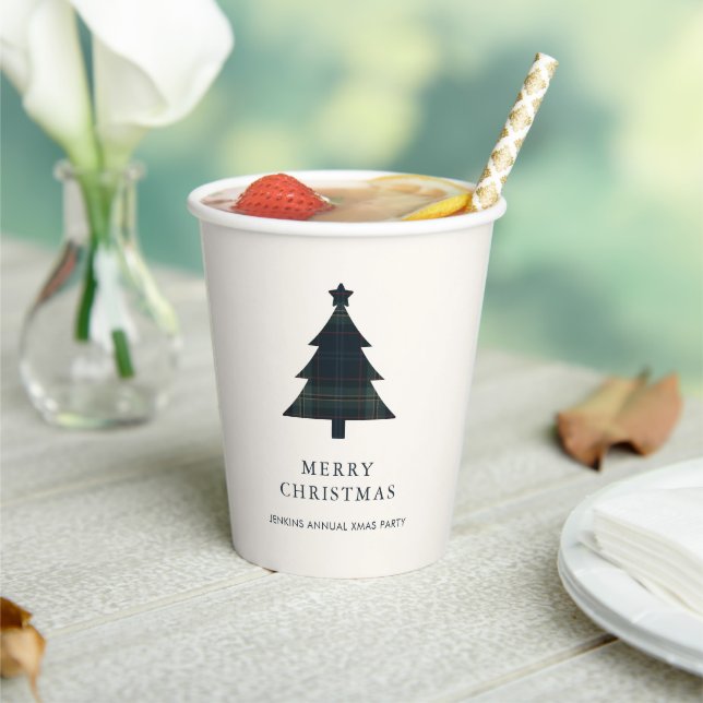 Elegant Navy Blue and Green Plaid Christmas Tree Paper Cups (Insitu)