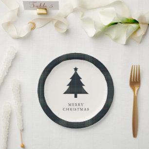 Elegant Navy Blue and Green Plaid Christmas Tree Paper Plate