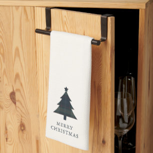 Elegant Navy Blue and Green Plaid Christmas Tree Tea Towel