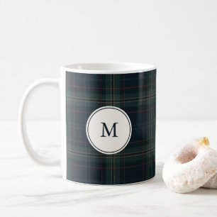 Elegant Navy Blue and Green Plaid Monogram Coffee Mug