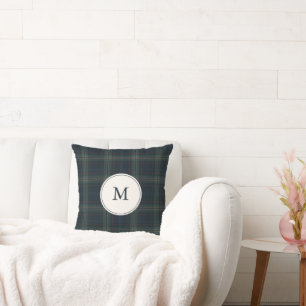 Elegant Navy Blue and Green Plaid Monogram Cushion