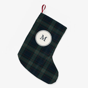 Elegant Navy Blue and Green Plaid Monogram Small Christmas Stocking