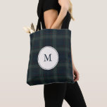 Elegant Navy Blue and Green Plaid Monogram Tote Bag<br><div class="desc">Modern Christmas tote bag featuring a timeless design with your monogram over a muted navy blue and green plaid background.</div>