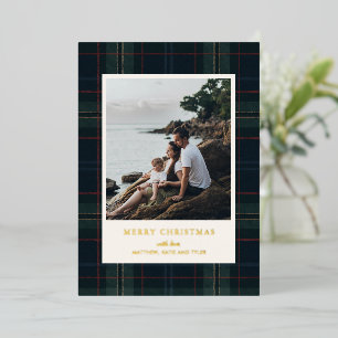Elegant Navy Blue and Green Plaid Photo Christmas