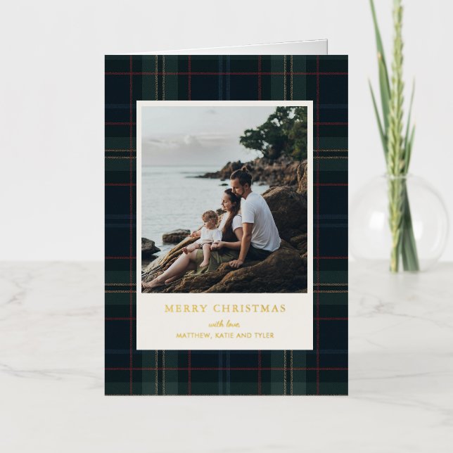 Elegant Navy Blue and Green Plaid Photo Christmas Foil Holiday Card (Front)