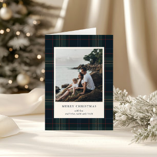 Elegant Navy Blue and Green Plaid Photo Christmas Holiday Card