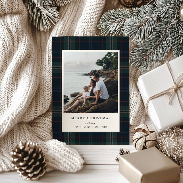 Elegant Navy Blue and Green Plaid Photo Christmas Holiday Card (Creator Uploaded)