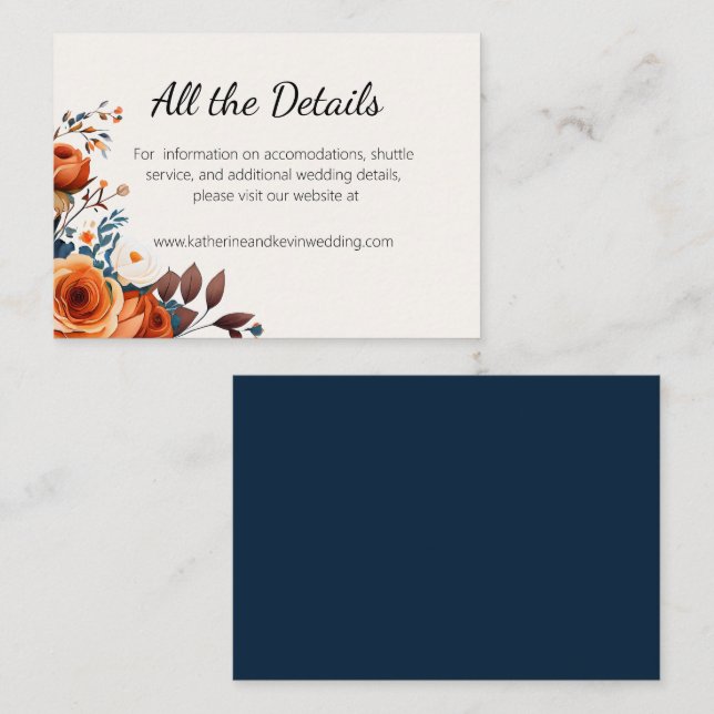 Elegant Navy Blue and Orange Wedding Enclosure Card (Front/Back)
