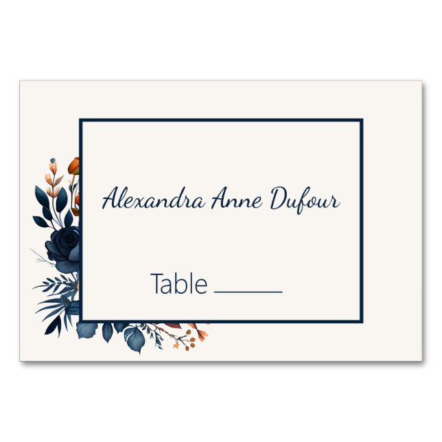 Elegant Navy Blue and Orange Wedding  Table Number (Front)