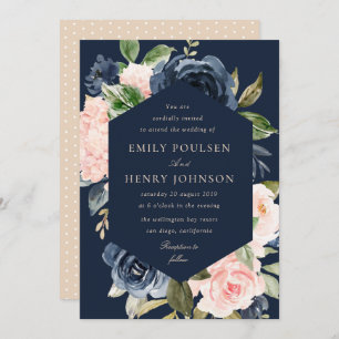 elegant navy blue and pink blush blooms wedding invitation