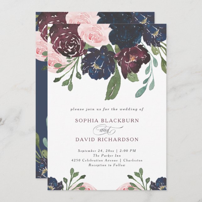 Elegant Navy Blue and Plum Floral | Wedding Invitation (Front/Back)