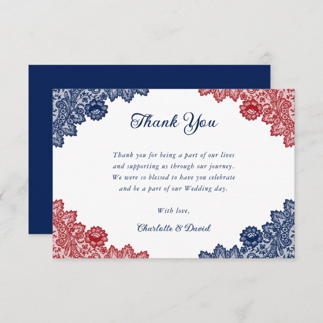 Elegant Navy Blue and Red Floral Lace Wedding Thank You Card (Front/Back)