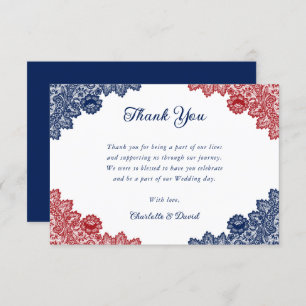 Elegant Navy Blue and Red Floral Lace Wedding Thank You Card