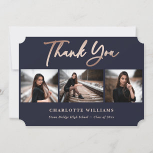 Elegant Navy Blue and Rose Gold Photo Graduation Thank You Card