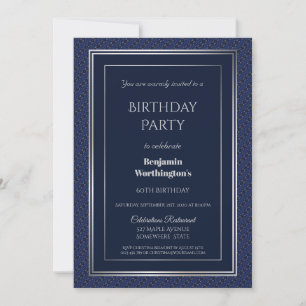 Elegant Navy Blue and Silver 60th Birthday Party Invitation
