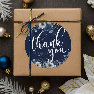 Elegant Navy Blue and Silver Floral   Classic Round Sticker