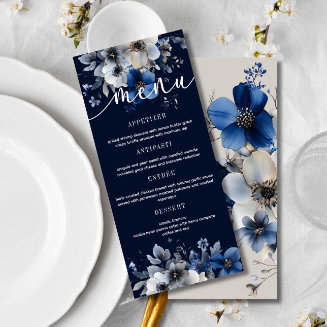 Elegant Navy Blue and Silver Floral Wedding Menu  (Creator Uploaded)