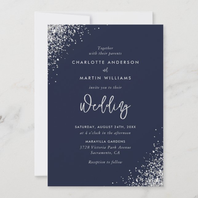 Elegant Navy Blue and Silver Glitter Wedding Invitation (Front)