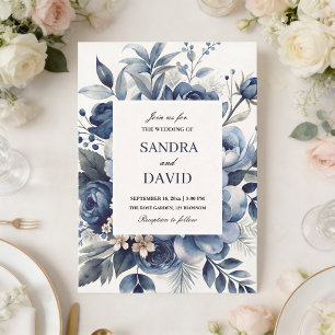 Elegant Navy Blue and Silver  Ivory Floral Wedding Invitation