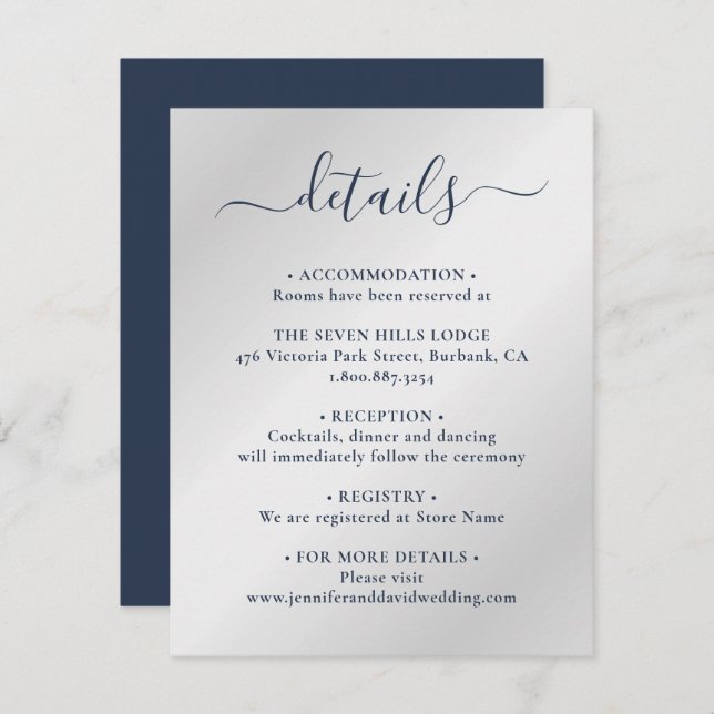 Elegant Navy Blue and Silver Wedding Details Enclosure Card (Front/Back)