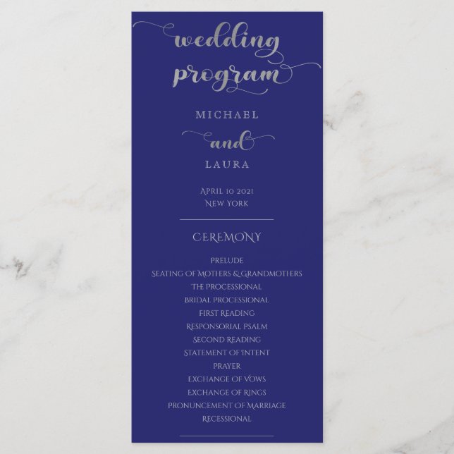 Elegant Navy Blue and Silver Wedding Programme (Front)
