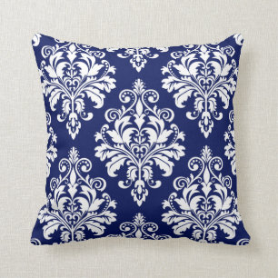 Elegant Navy Blue and White Damask Pattern Cushion