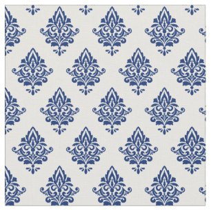 Elegant Navy Blue and White Damask Pattern Fabric