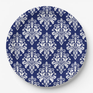 Elegant Navy Blue and White Damask Pattern Paper Plate
