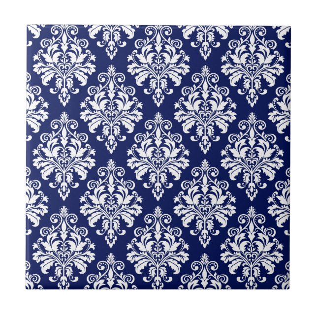 Elegant Navy Blue and White Damask Pattern Tile (Front)